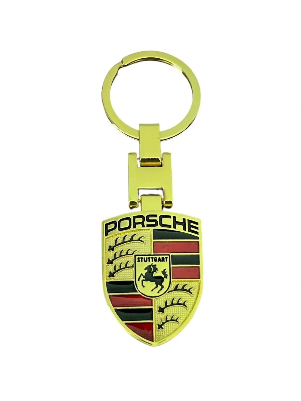 Porsche Gold Metallic Keychain 2-Sided Logo w/ Key Ring NEW